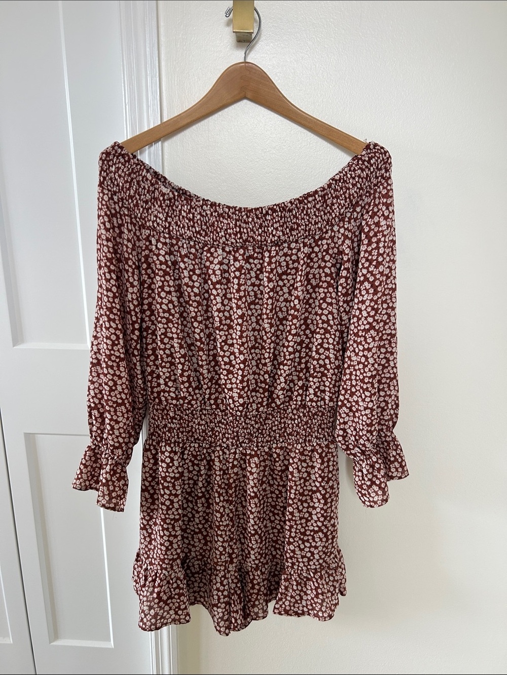 Le Lis Rust and Cream Floral Smocked Off the Shoulder Romper